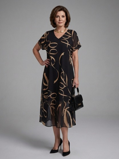Women's Abstract Midi Dress with Short Sleeve for Everyday