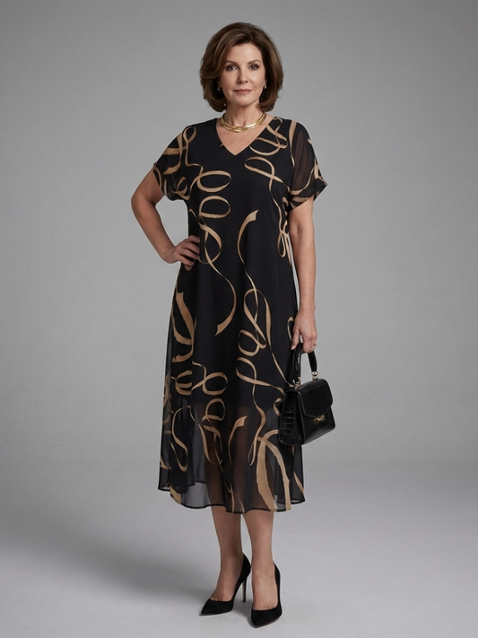 Women's Abstract Midi Dress with Short Sleeve for Everyday