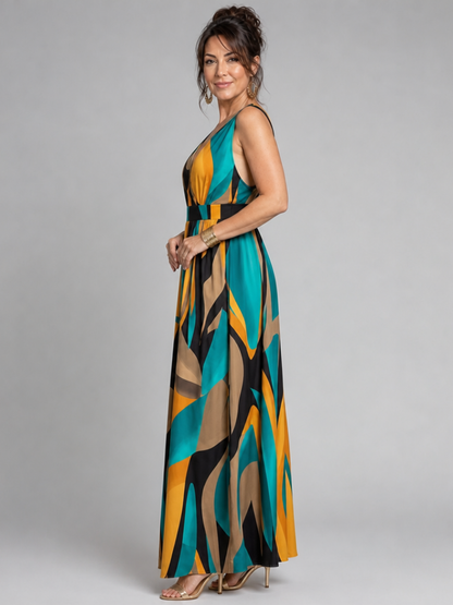 Women's Abstract Print Maxi Dress with V-neck for Resort