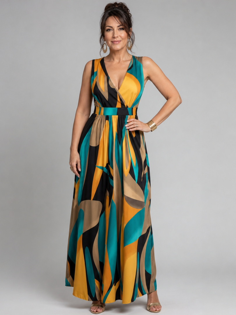 Women's Abstract Print Maxi Dress with V-neck for Resort