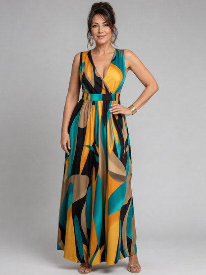 Women's Abstract Print Maxi Dress with V-neck for Resort