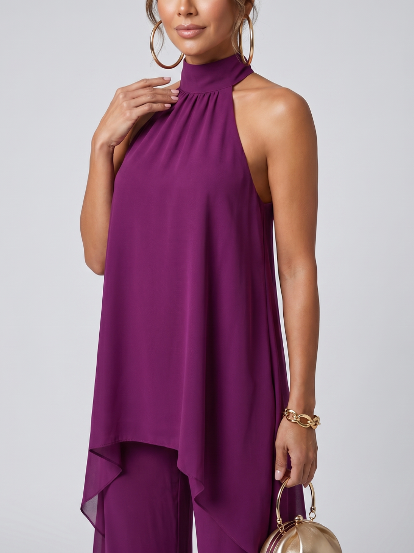 Women's Asymmetric Tunic Top Set with Wide-Leg Pants