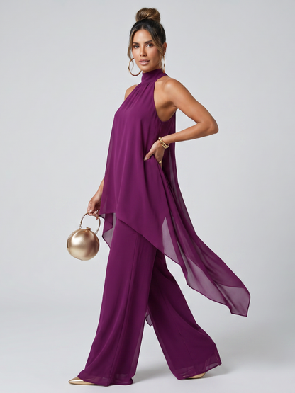 Women's Asymmetric Tunic Top Set with Wide-Leg Pants