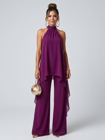Women's Asymmetric Tunic Top Set with Wide-Leg Pants