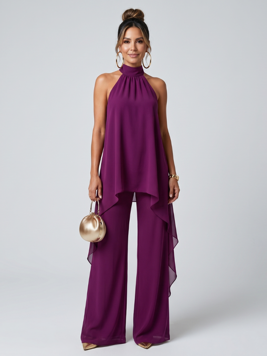 Women's Asymmetric Tunic Top Set with Wide-Leg Pants