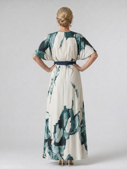 Women's Belted Flutter Sleeve Maxi Dress for Evening