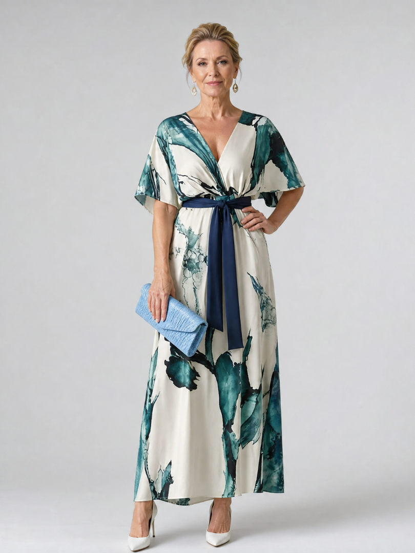 Women's Belted Flutter Sleeve Maxi Dress for Evening