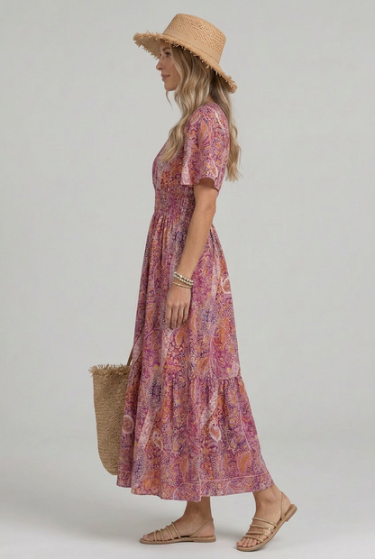 Women's Boho Maxi Dress with Smocked Waist for Garden Party