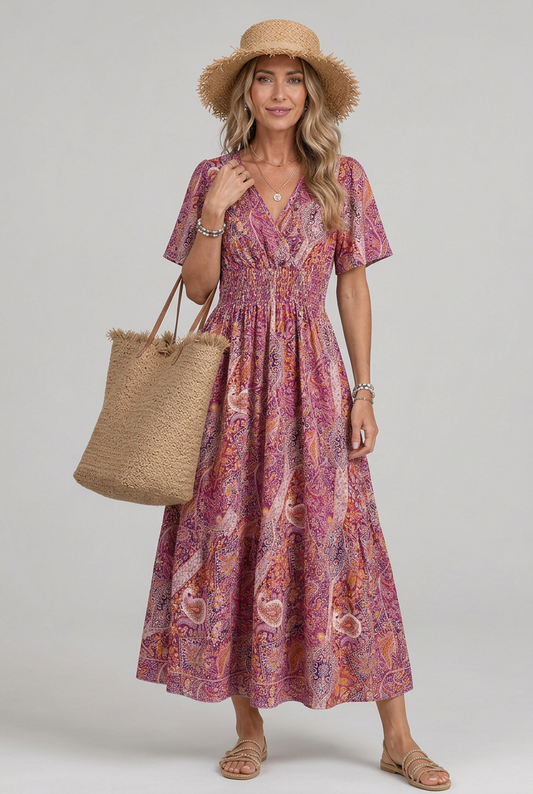 Women's Boho Maxi Dress with Smocked Waist for Garden Party