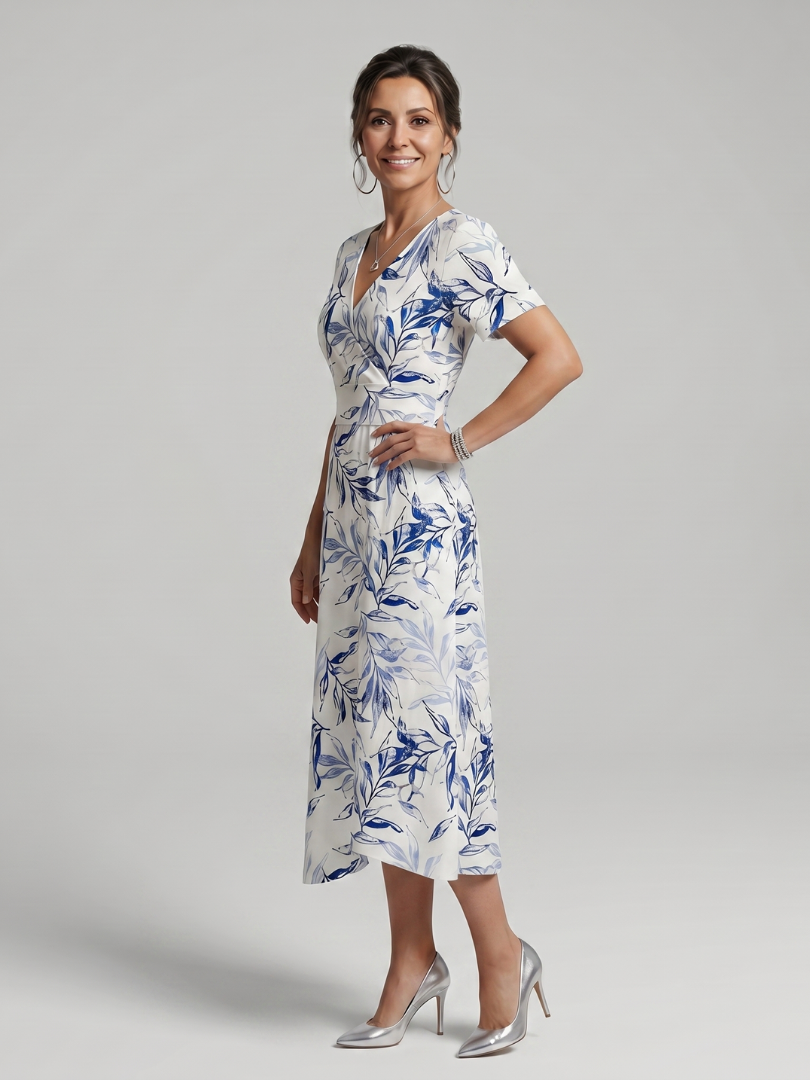 Women's Botanical Print Midi Dress with V-Neck for Warm Days