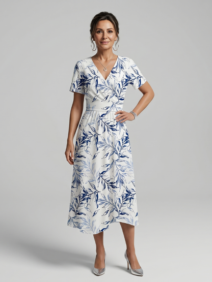 Women's Botanical Print Midi Dress with V-Neck for Warm Days