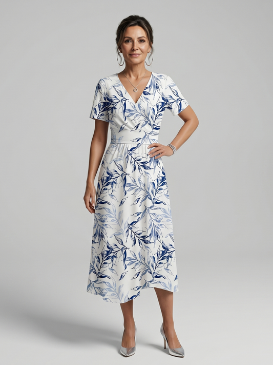 Women's Botanical Print Midi Dress with V-Neck for Warm Days