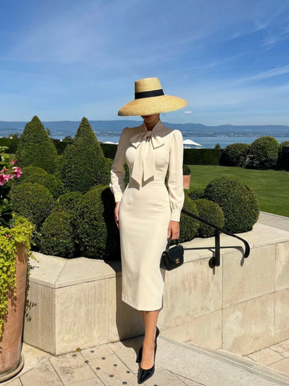 Women's Bow Neck Fitted Midi Dress for Professional Workwear