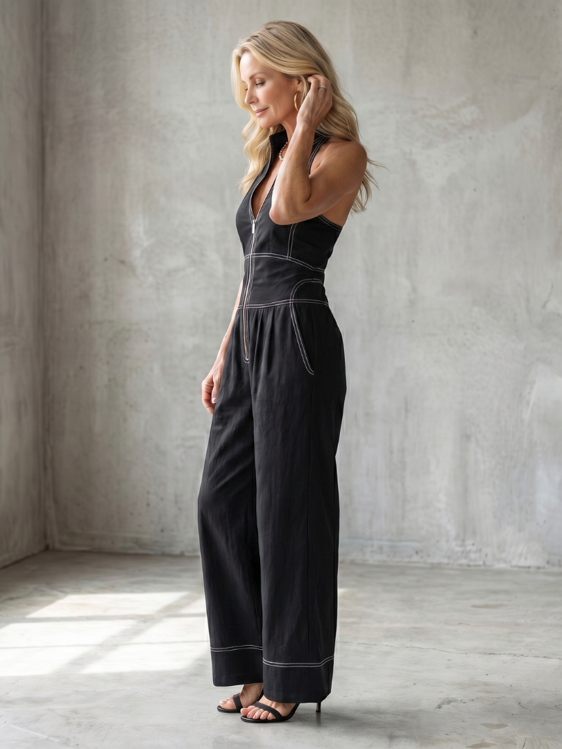 Women's Button-Front Jumpsuit with Deep V-Neck for Everyday