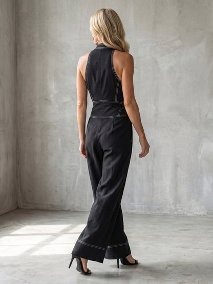 Women's Button-Front Jumpsuit with Deep V-Neck for Everyday