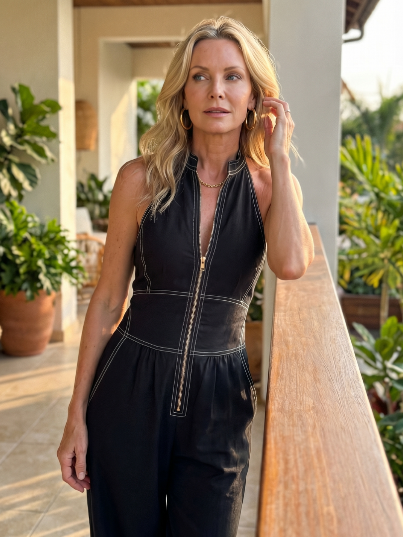 Women's Button-Front Jumpsuit with Deep V-Neck for Everyday