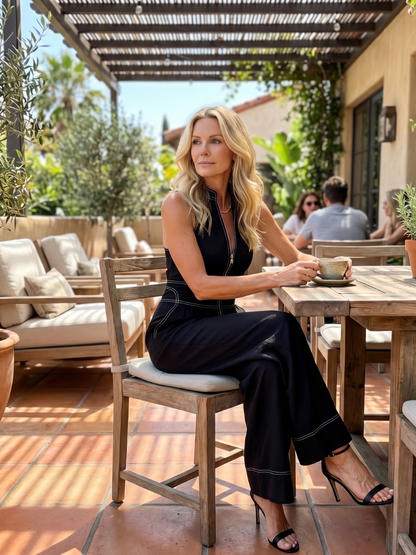 Women's Button-Front Jumpsuit with Deep V-Neck for Everyday