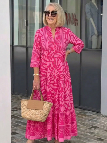 Women's Button Front Midi Dress with Relaxed Fit for Summer