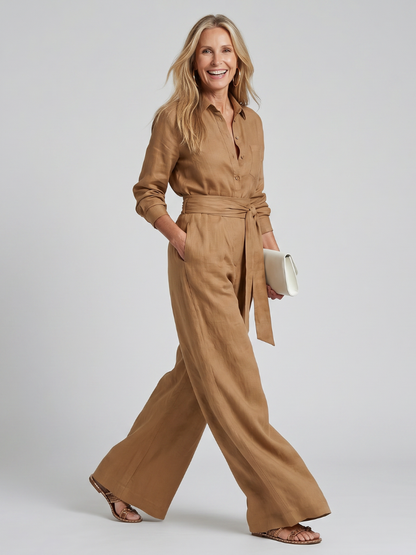 Women's Button Front Wide Leg Jumpsuit with Waist Tie
