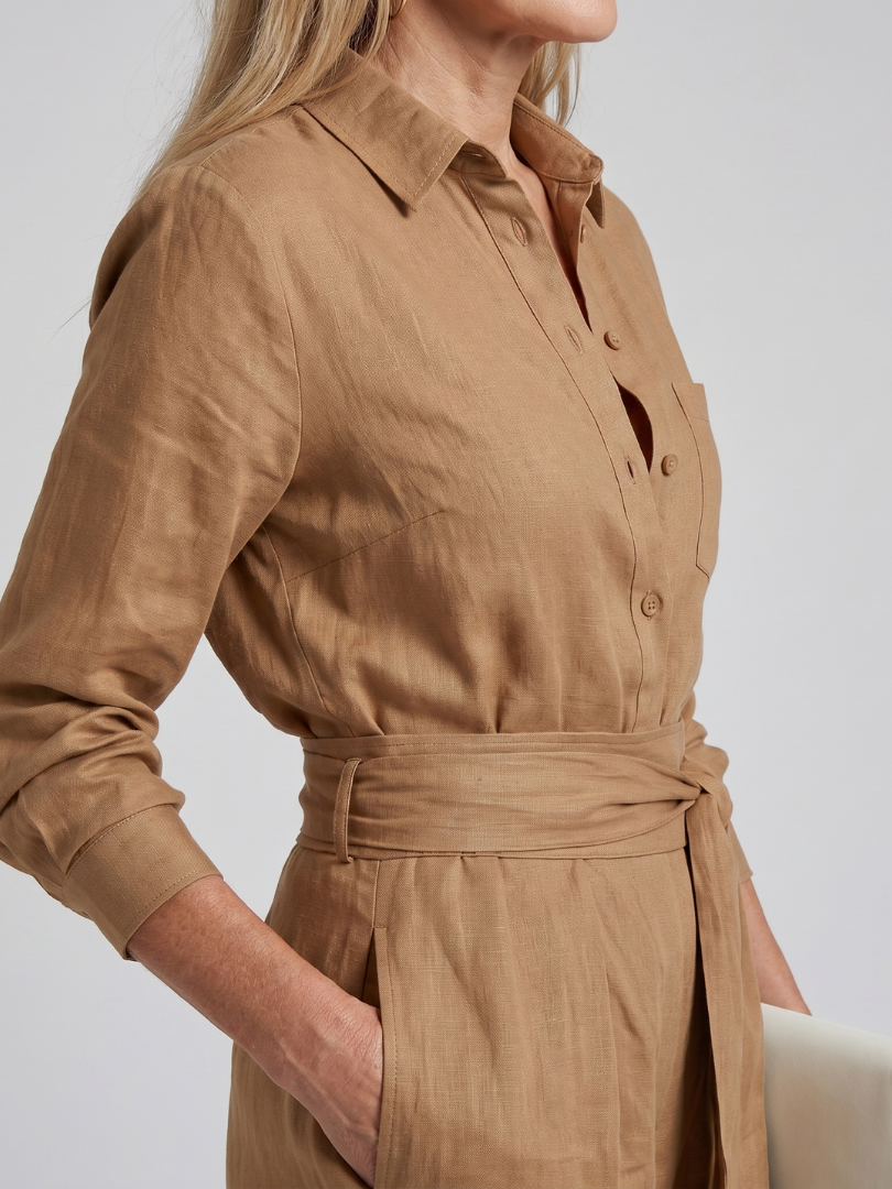 Women's Button Front Wide Leg Jumpsuit with Waist Tie
