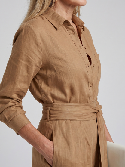 Women's Button Front Wide Leg Jumpsuit with Waist Tie