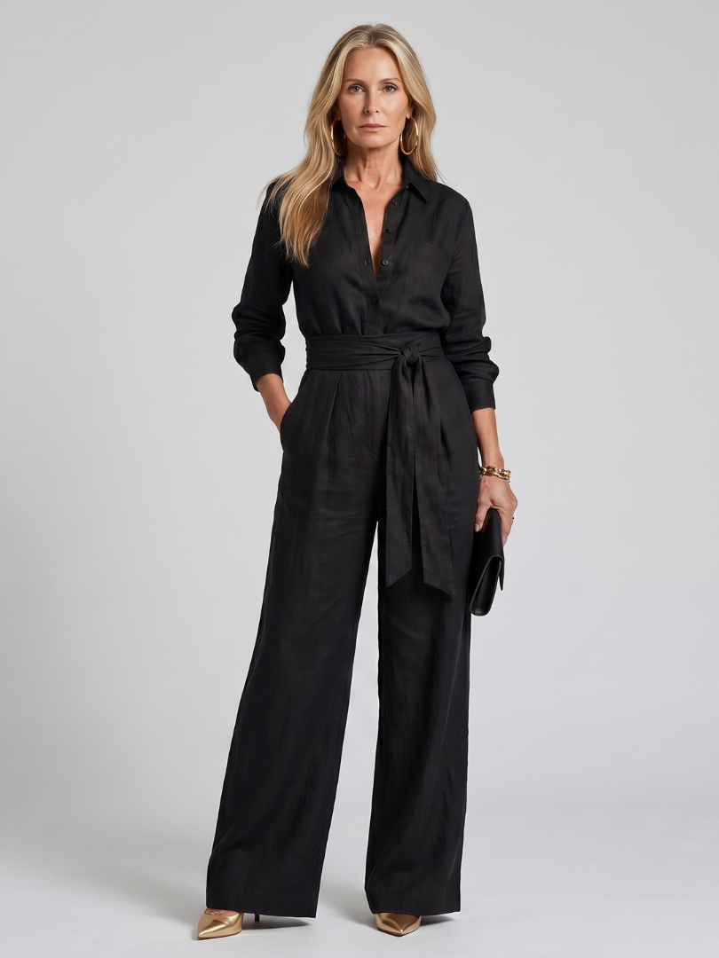 Women's Button Front Wide Leg Jumpsuit with Waist Tie