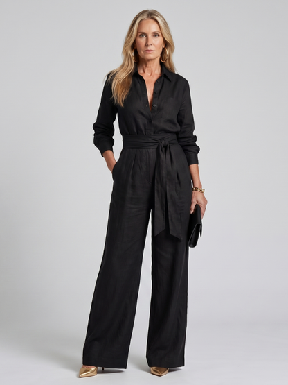 Women's Button Front Wide Leg Jumpsuit with Waist Tie