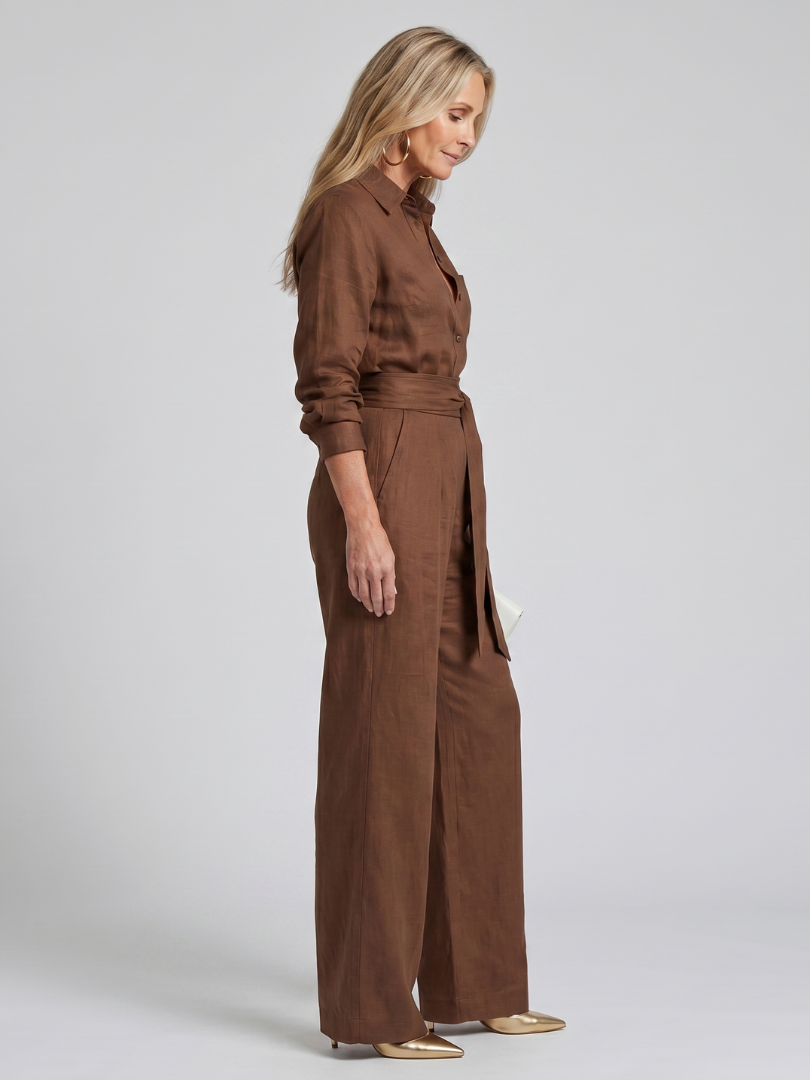 Women's Button Front Wide Leg Jumpsuit with Waist Tie