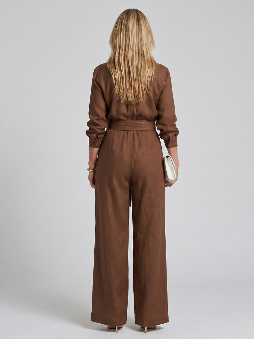 Women's Button Front Wide Leg Jumpsuit with Waist Tie
