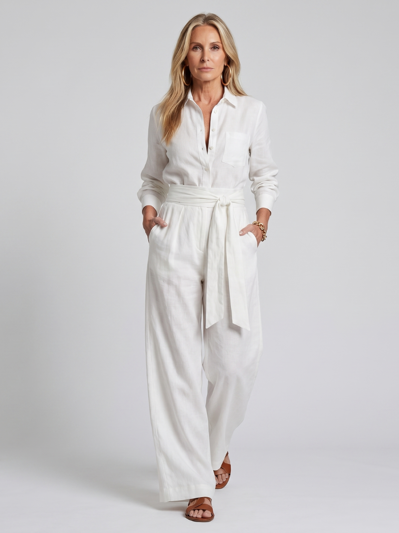 Women's Button Front Wide Leg Jumpsuit with Waist Tie