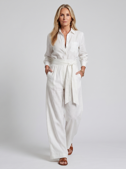 Women's Button Front Wide Leg Jumpsuit with Waist Tie
