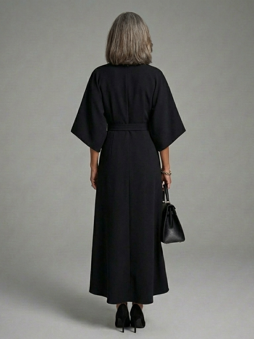 Women's Cape-Sleeve Midi Dress with Defined Waistline