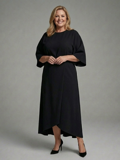 Women's Cape-Sleeve Midi Dress with Defined Waistline