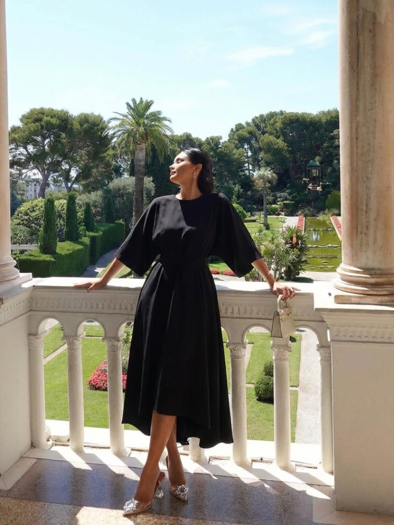 Women's Cape-Sleeve Midi Dress with Defined Waistline