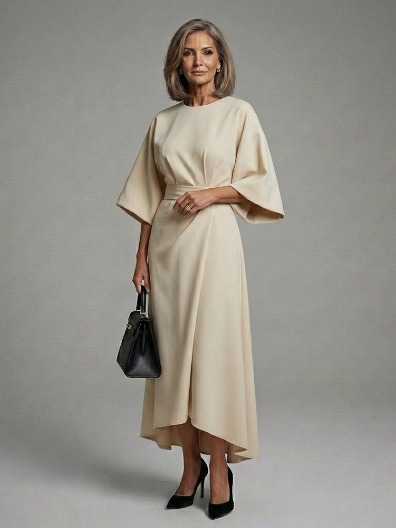 Women's Cape-Sleeve Midi Dress with Defined Waistline