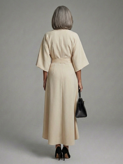 Women's Cape-Sleeve Midi Dress with Defined Waistline