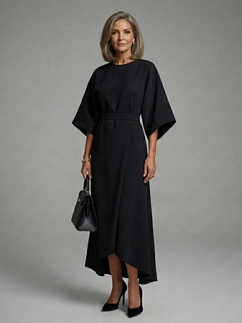Women's Cape-Sleeve Midi Dress with Defined Waistline