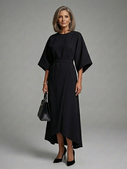 Women's Cape-Sleeve Midi Dress with Defined Waistline