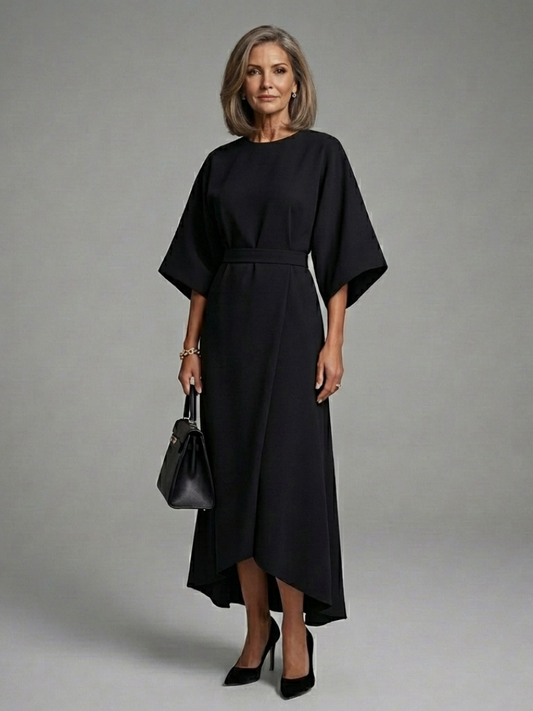 Women's Cape-Sleeve Midi Dress with Defined Waistline