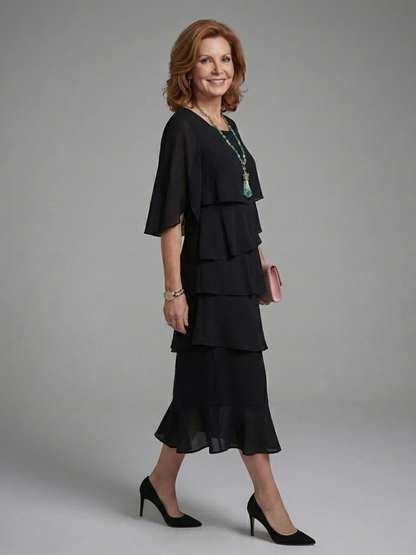 Women's Cape Sleeve Midi Dress with Layered Panels for Day