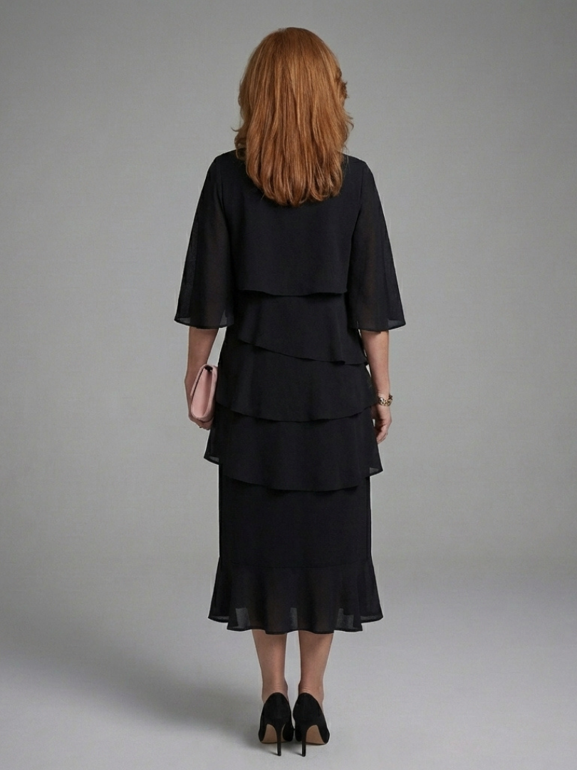 Women's Cape Sleeve Midi Dress with Layered Panels for Day