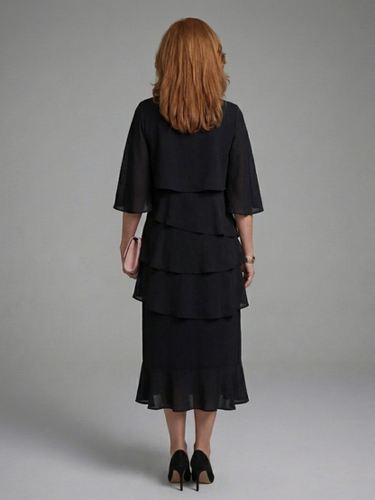 Women's Cape Sleeve Midi Dress with Layered Panels for Day