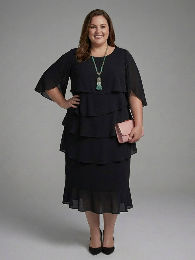 Women's Cape Sleeve Midi Dress with Layered Panels for Day
