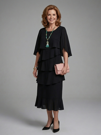 Women's Cape Sleeve Midi Dress with Layered Panels for Day