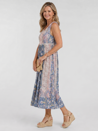 Women's Casual Mixed Floral Midi Dress with Button Detail