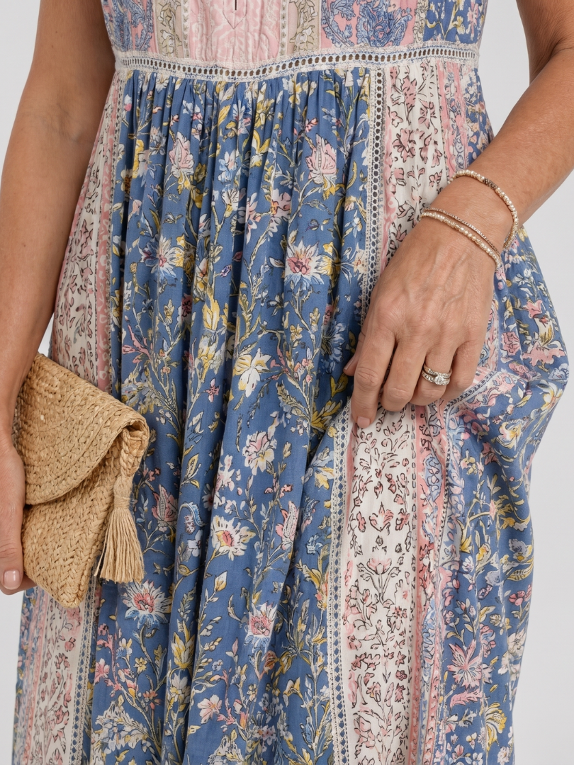 Women's Casual Mixed Floral Midi Dress with Button Detail