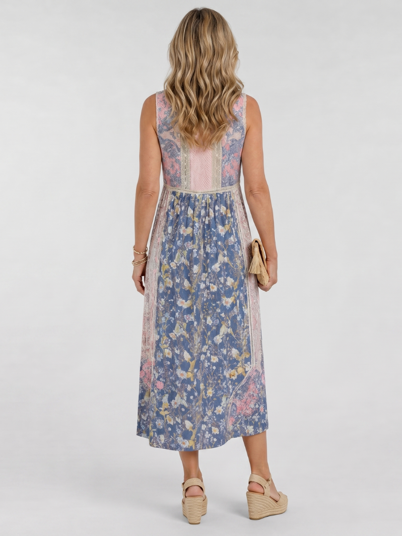Women's Casual Mixed Floral Midi Dress with Button Detail
