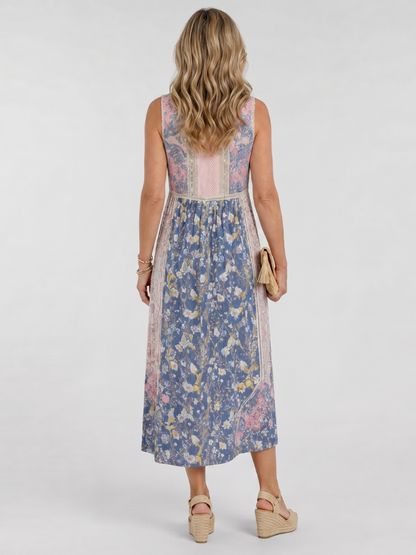 Women's Casual Mixed Floral Midi Dress with Button Detail