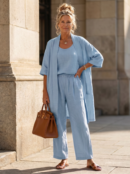 Women's Casual Relaxed Top Pant Set with Open Front Layer