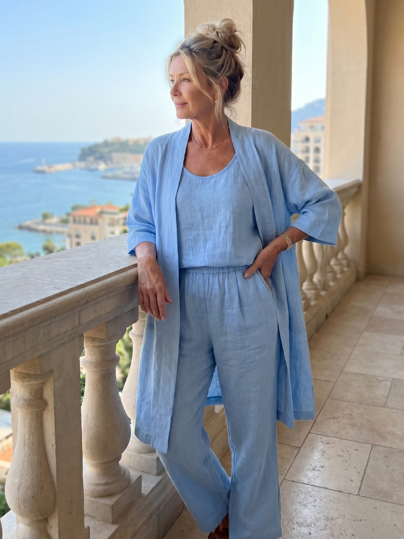 Women's Casual Relaxed Top Pant Set with Open Front Layer